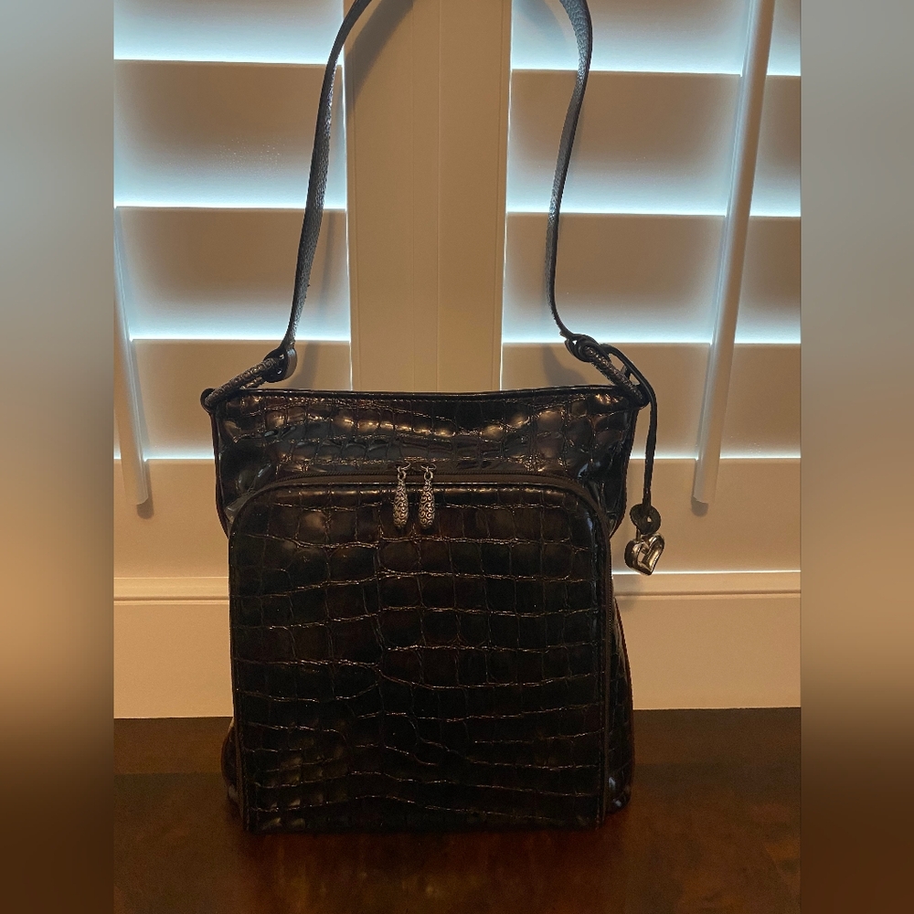 Brighton Collection.Elegant Black Crocodile-Embossed Shoulder bag .